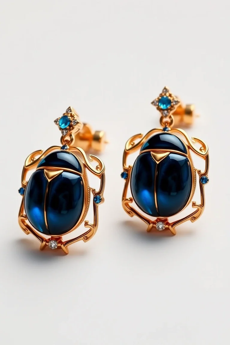 14K Blue Scarab Earrings