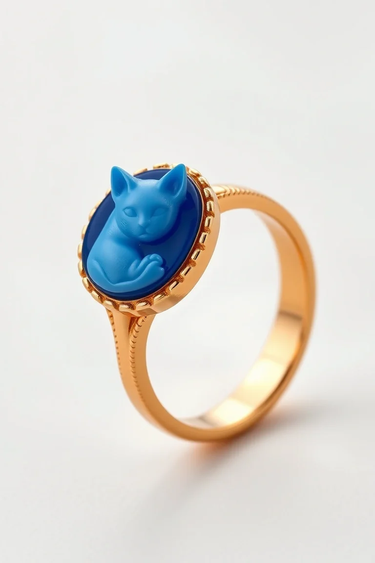 14K Cameo Cat Ring Blue 14mm