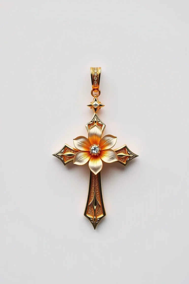 14K Cross With Flower
