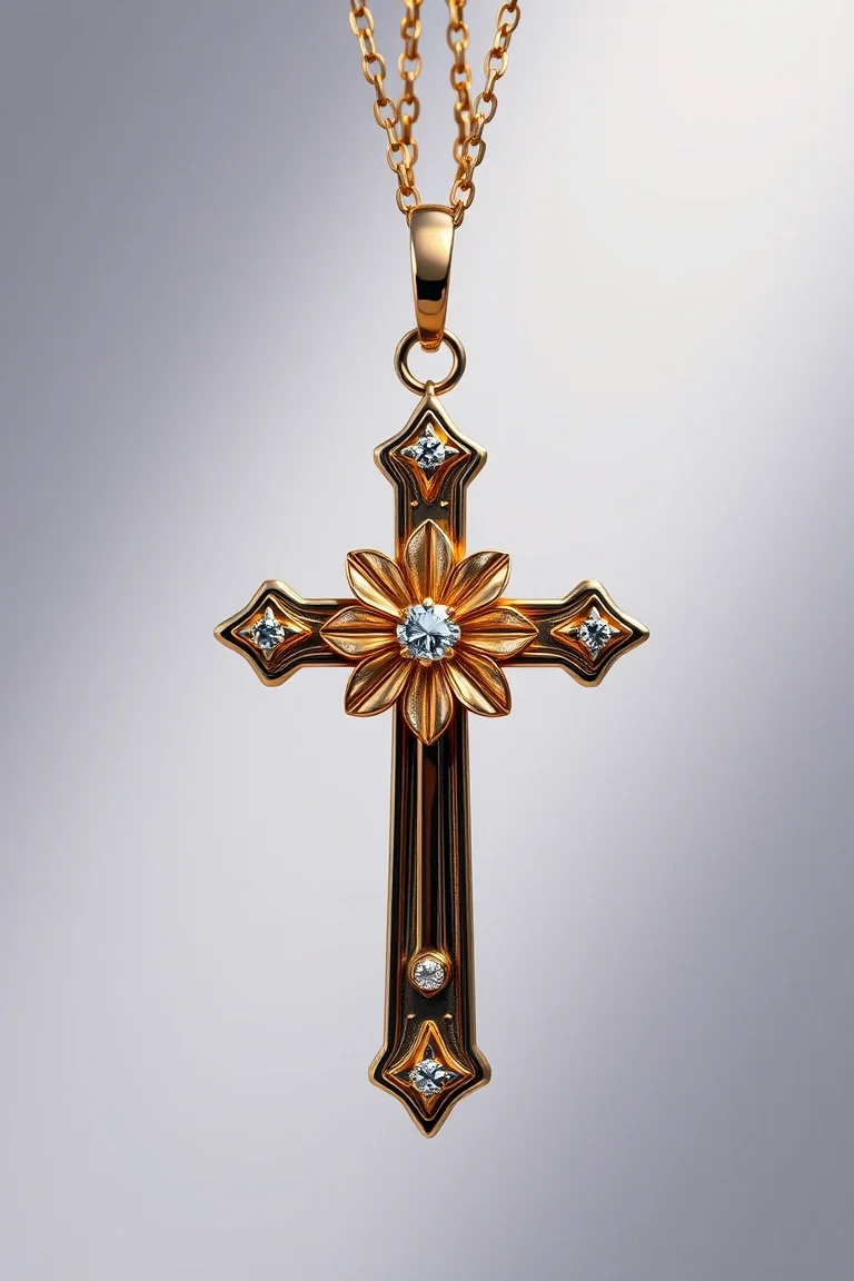 14K Cross With Flower