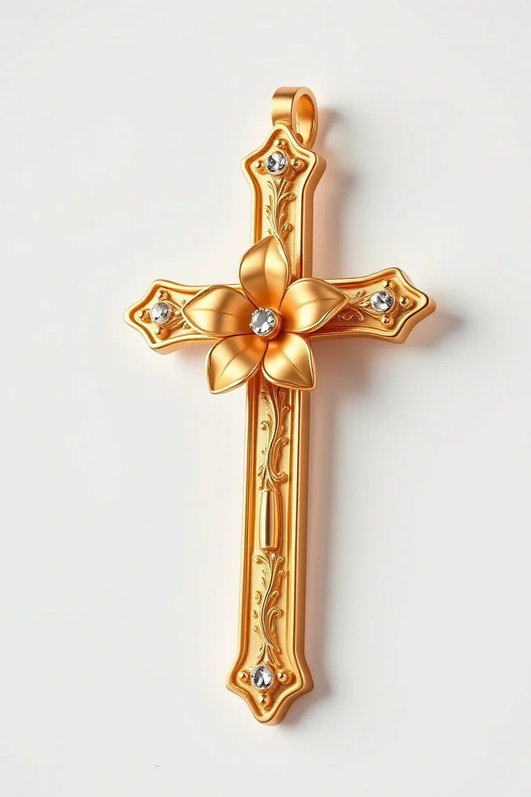 14K Cross With Flower