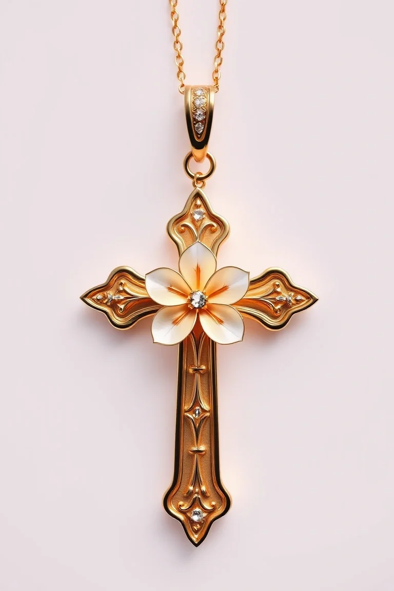 14K Cross With Flower