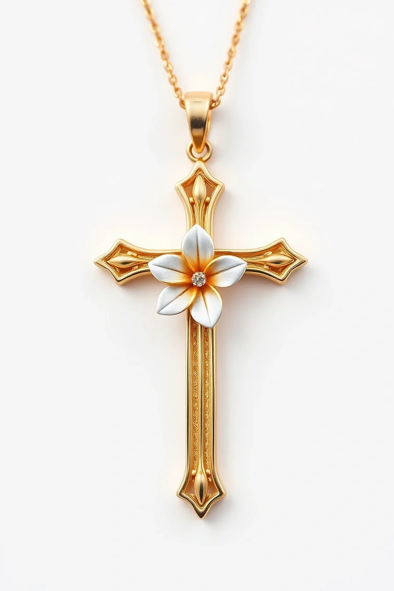 14K Cross With Flower