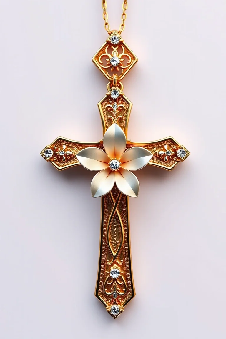 14K Cross With Flower