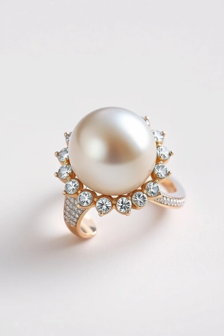14K Cultured Pearl And Diamond Ring AA Quality