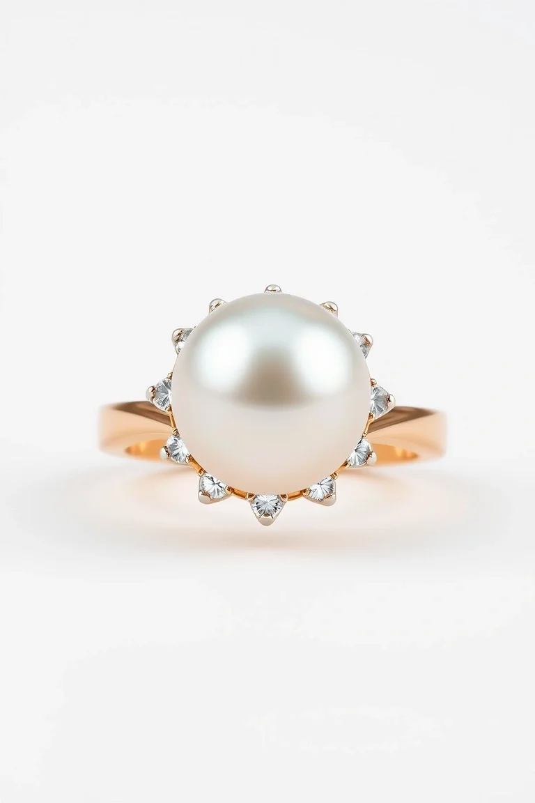 14K Cultured Pearl And Diamond Ring AA Quality