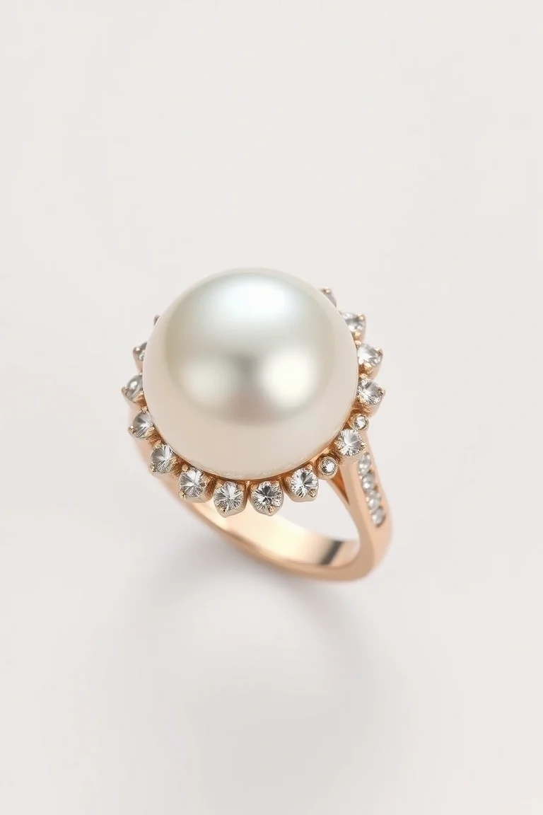 14K Cultured Pearl And Diamond Ring AA Quality
