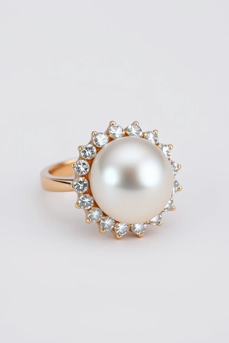 14K Cultured Pearl And Diamond Ring AA Quality