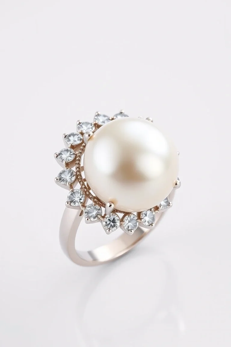 14K Cultured Pearl And Diamond Ring AA Quality