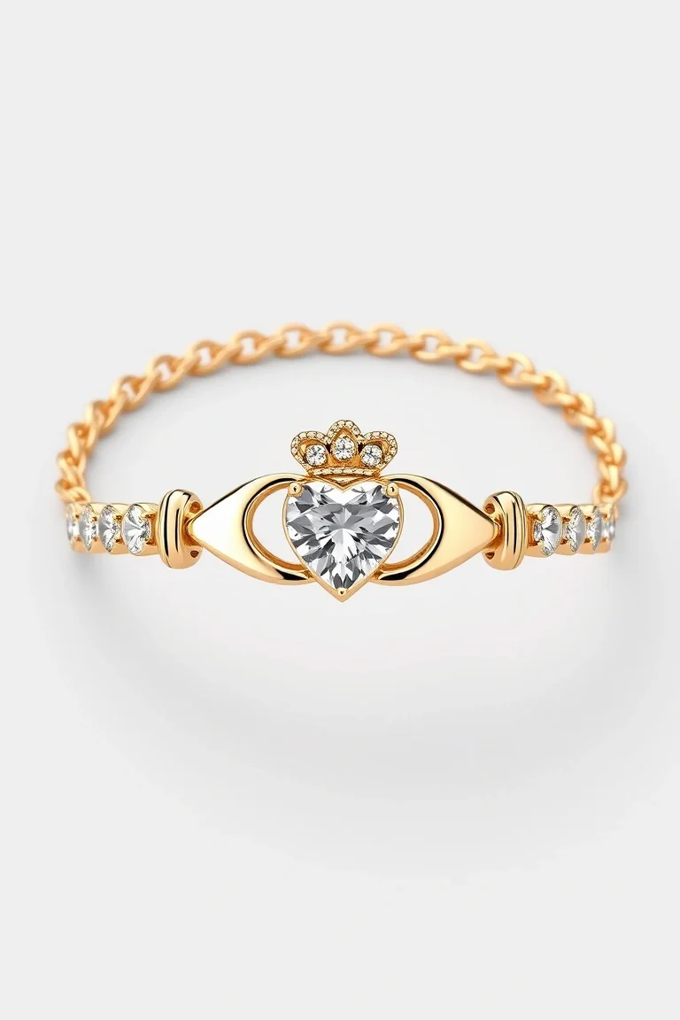 14K Diamond Cut Claddagh Bracelet 7 In.