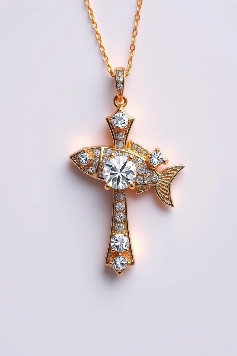 14K Diamond Cut Cross Fish