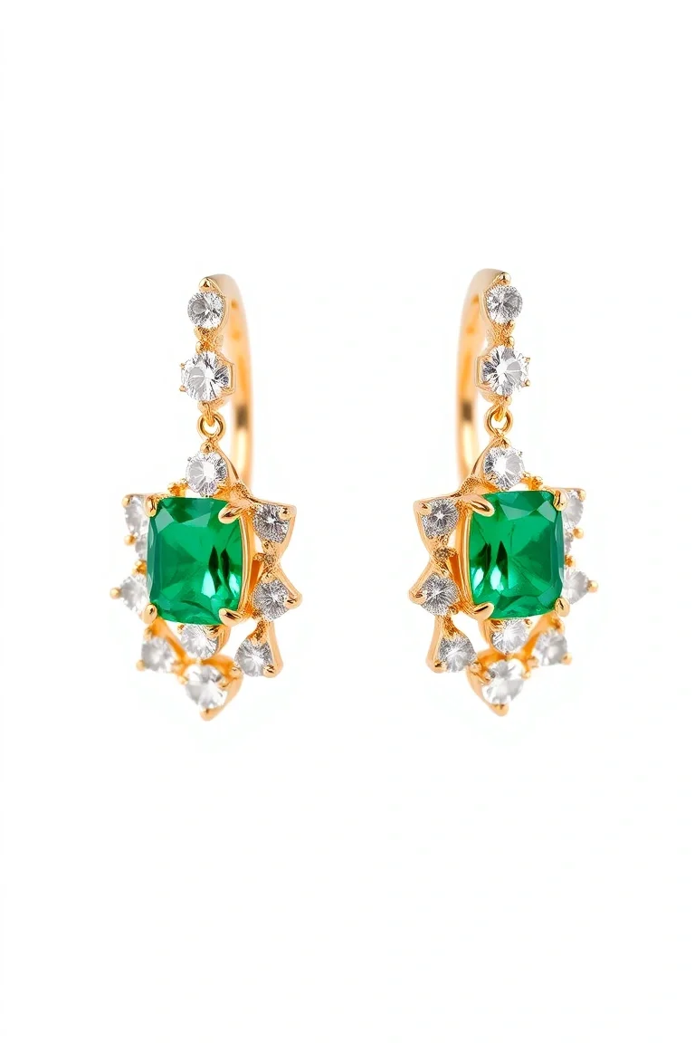 14k Emerald And Diamond Earrings AA Quality