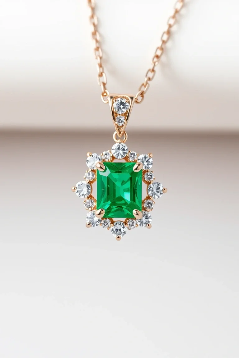 14K Emerald & Diamond Pendant 6X4mm Center
