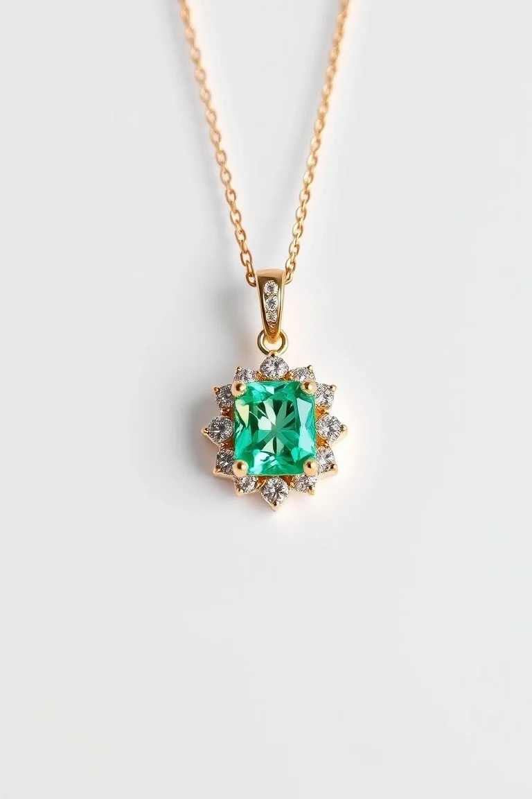 14K Emerald & Diamond Pendant 7X5mm Center