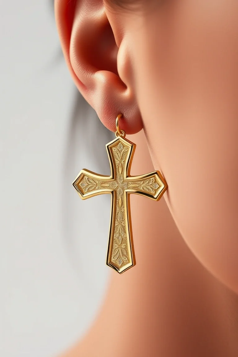 14K Etched Cross Earring