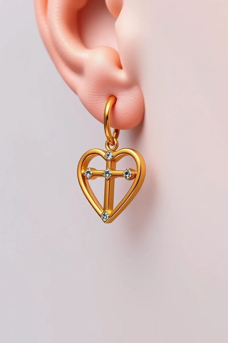 14K Heart Cross Lever Back Earring