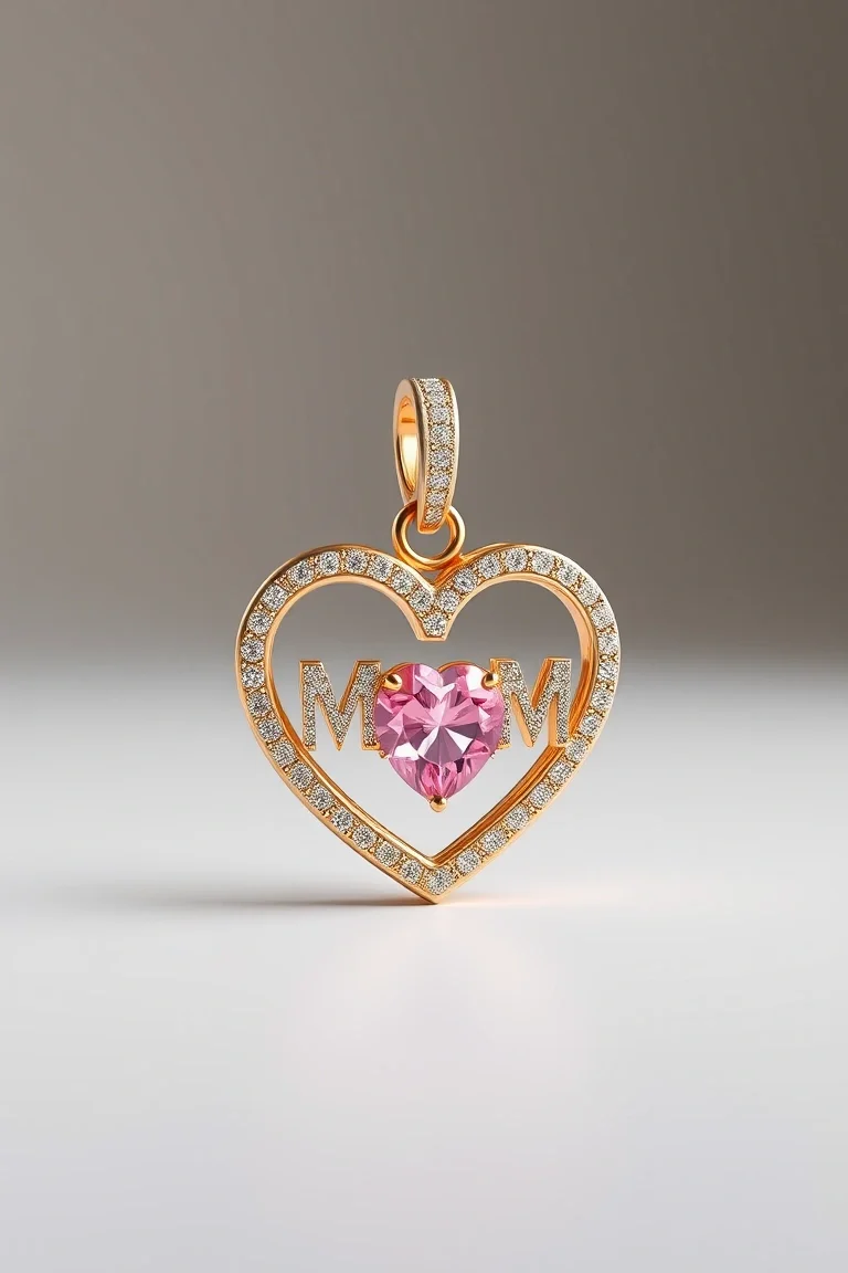 14K POL HEART W/MOM & PINK FLO CHARM