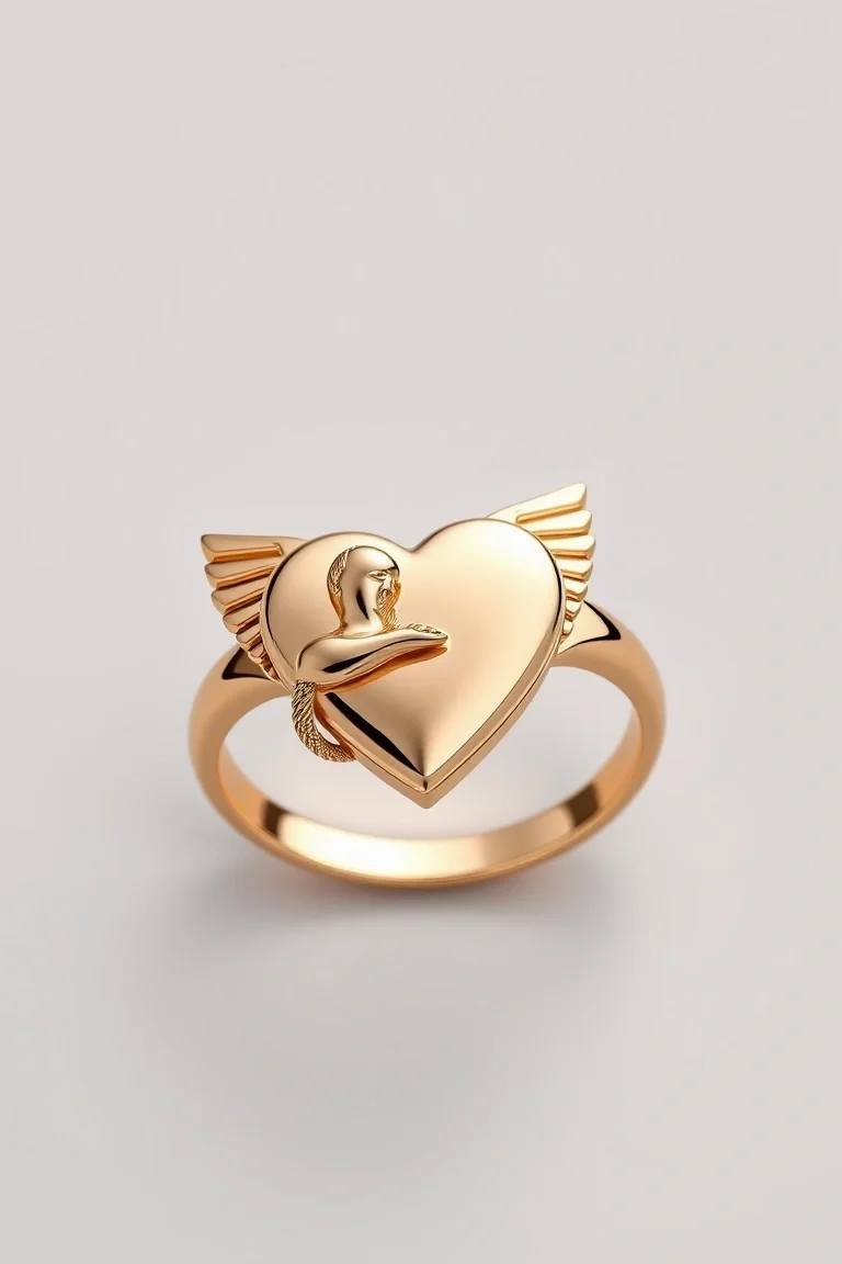 14K Polished Heart And Angel Ring