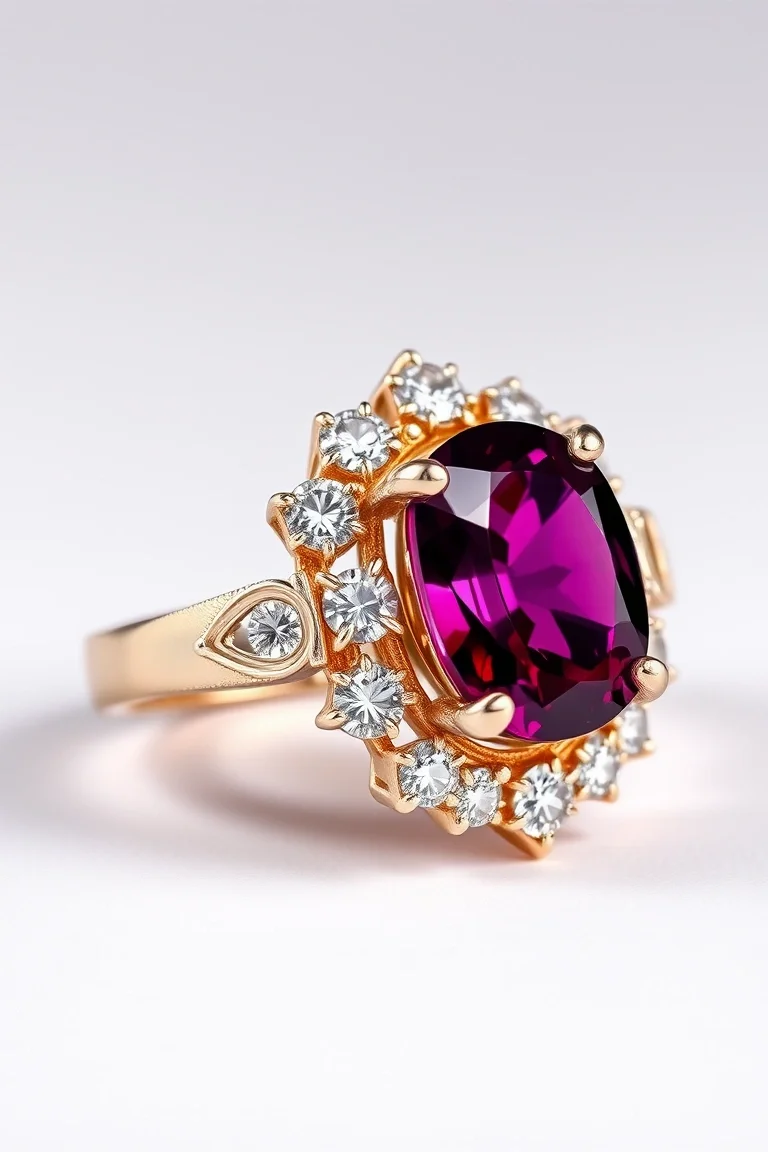 14K RHODOLITE GARNET/DIAMOND RING
