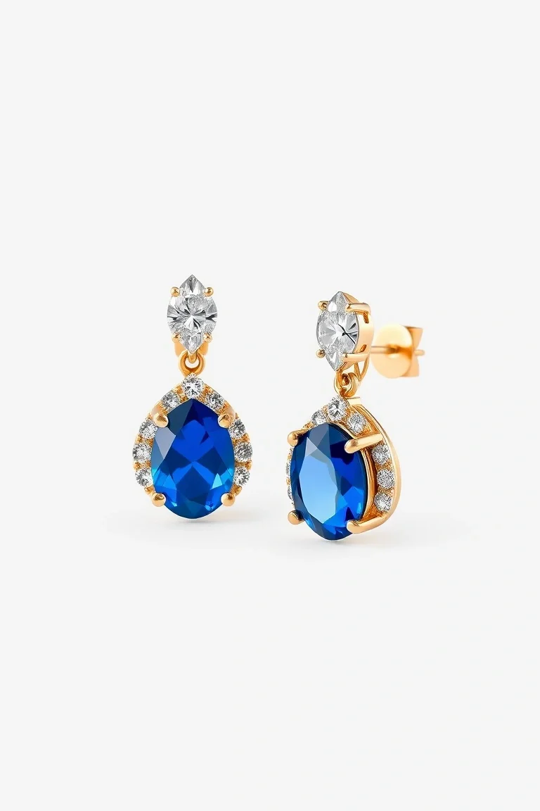 14k Sapphire And Diamond Earrings AA Quality