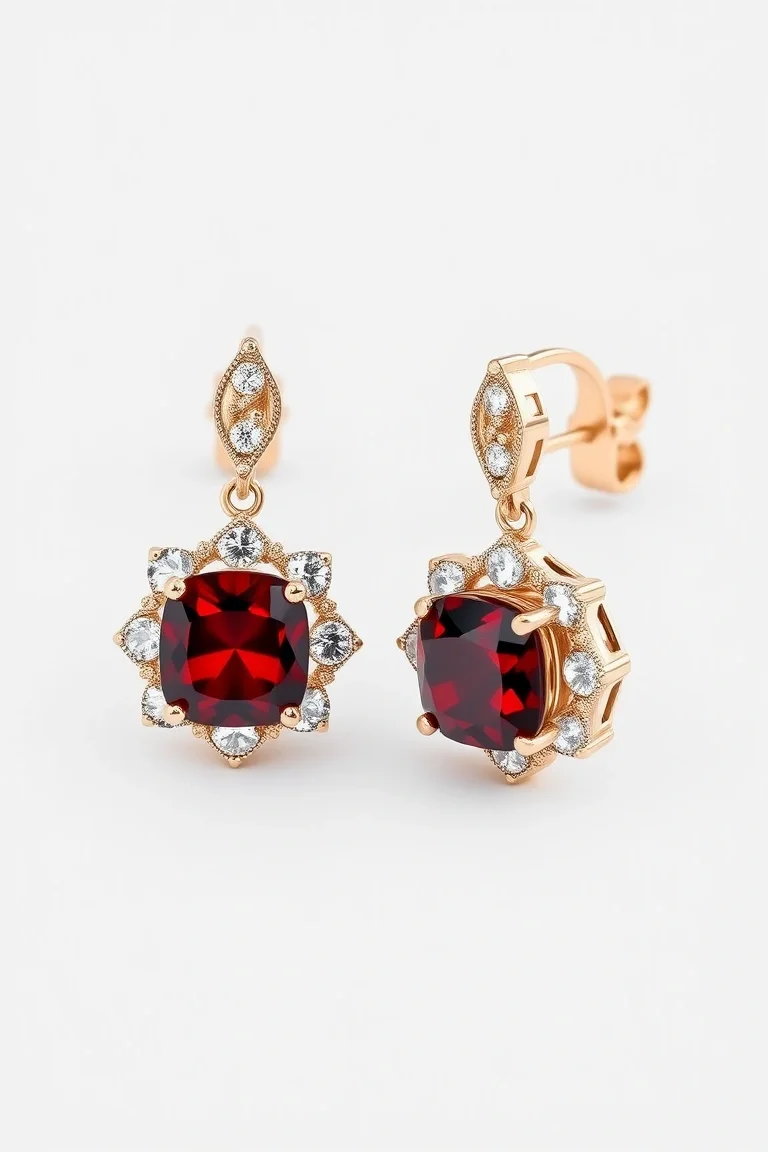 14k Traditional Garnet Diamond Earrings 5X3mm Center