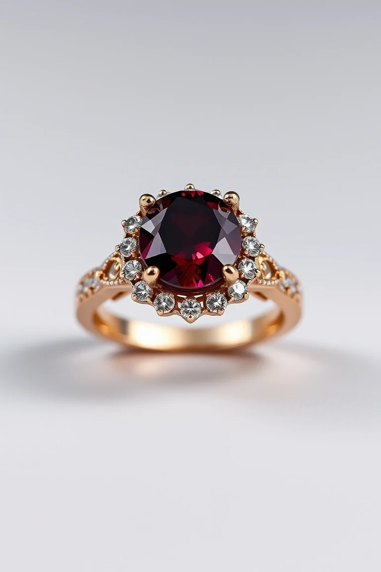 14K TRADITIONAL RHODALITE GARNET DIAMOND RING