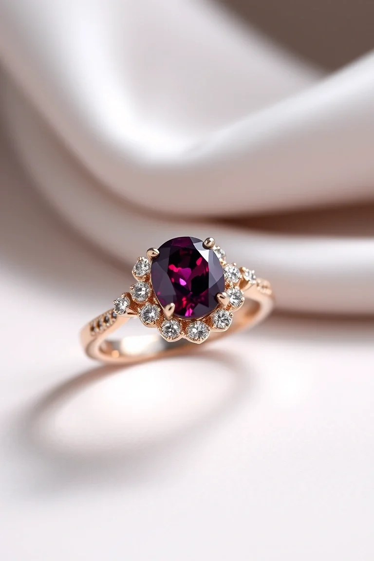 14K TRADITIONAL RHODALITE GARNET DIAMOND RING
