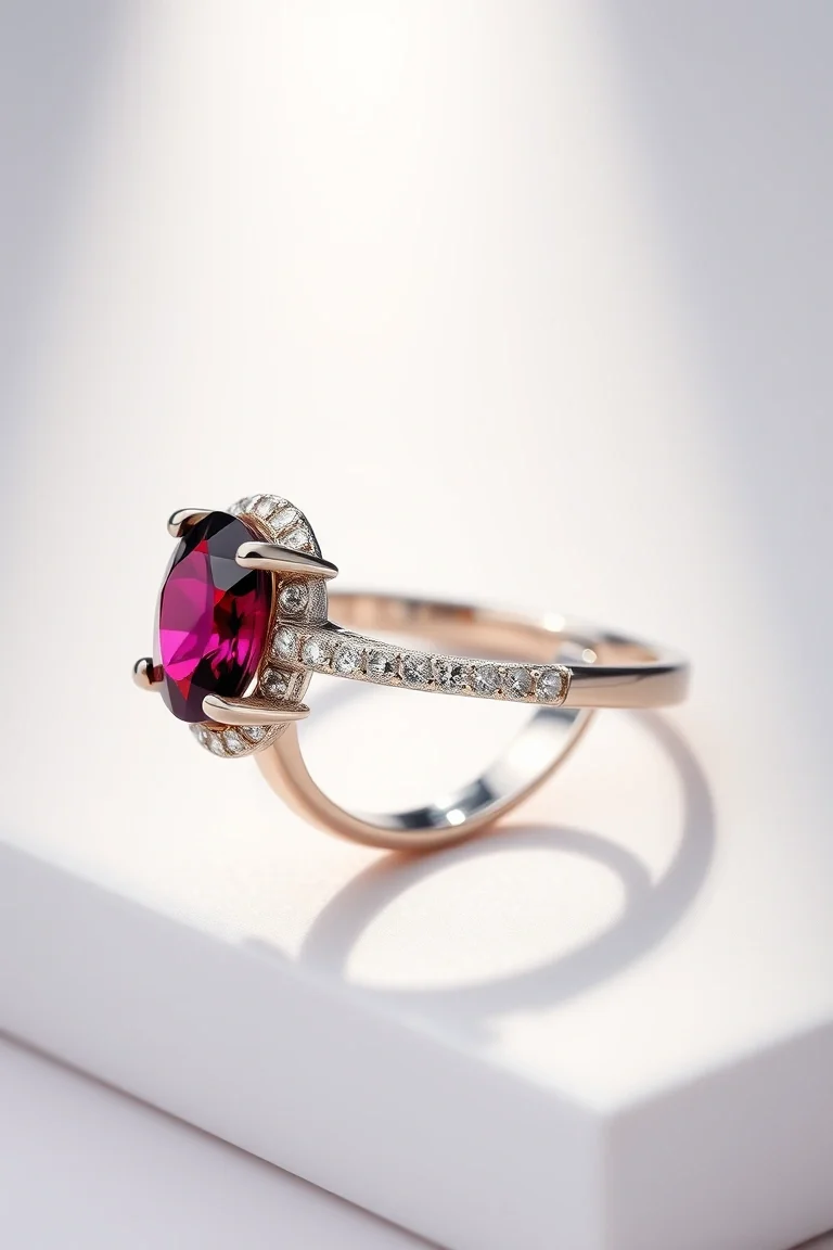 14K TRADITIONAL RHODALITE GARNET DIAMOND RING