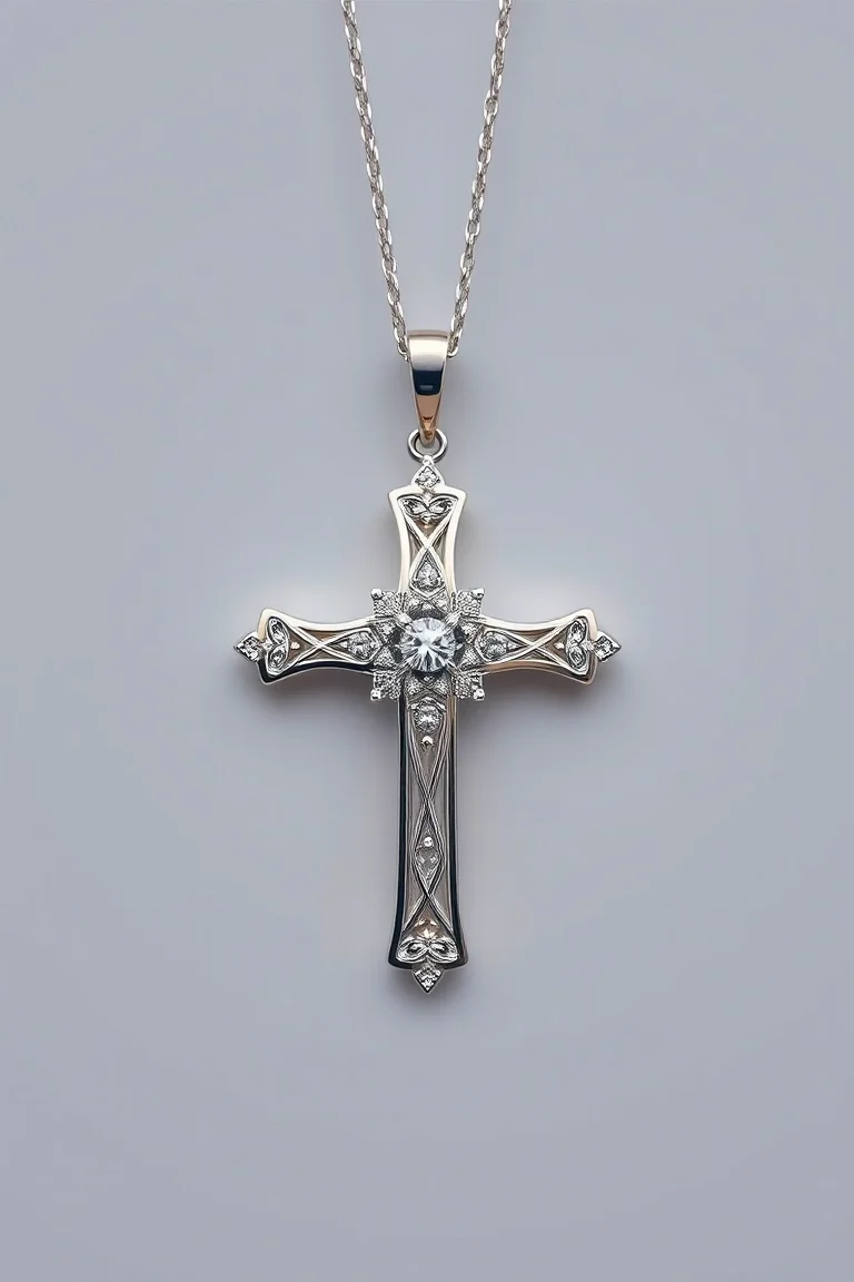14K White Gold Cross