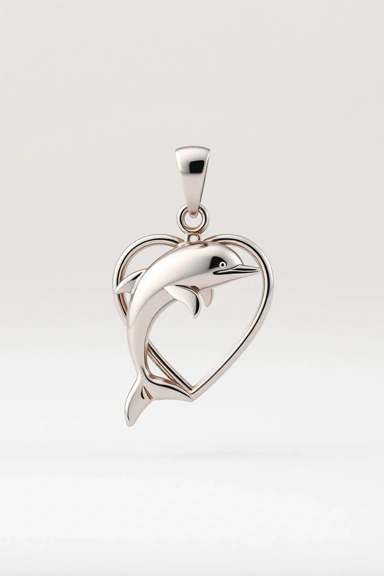 14K WHITE GOLD DOLPHIN IN HEART CHARM