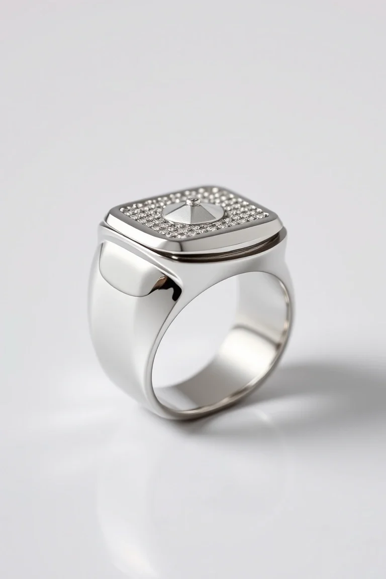 14K White Gold Driver #8 Medium Gents Ring