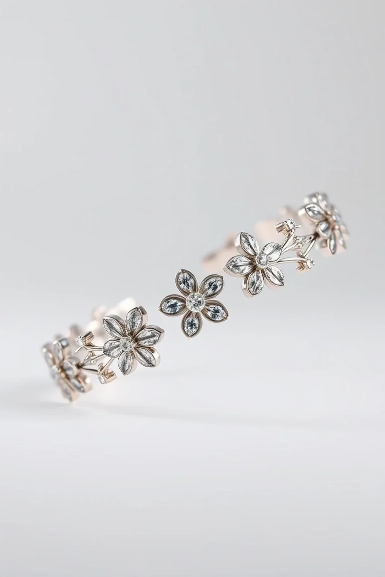 14K WHITE GOLD FANCY FLOWER & HEART BRACELET