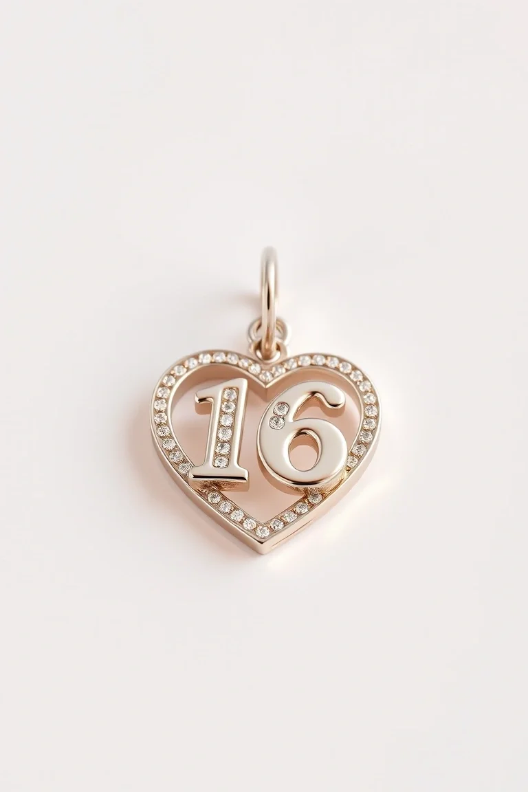 14K WHITE GOLD SWEET 16 HEART CHARM