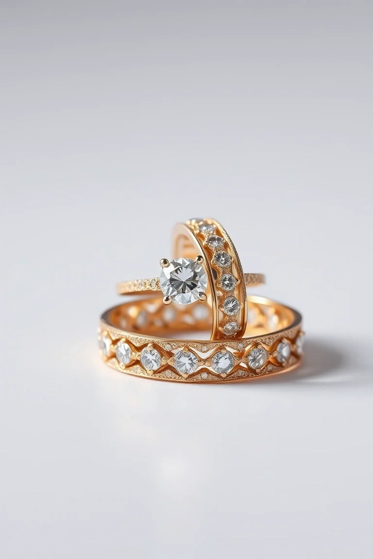 18K Diamond Filigree Wedding Band Set A4 Quality