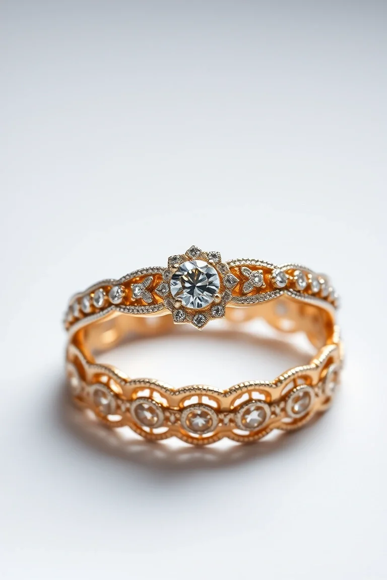 18K Diamond Filigree Wedding Band Set A4 Quality