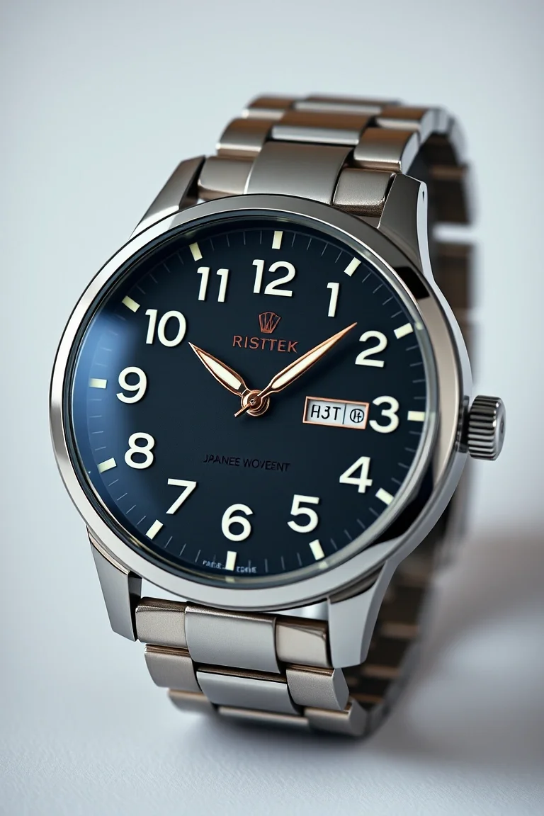 Arabic Numerals, Luminous Hands, Date at 3 o'clock, Japanese Movement, Stainless Steel Bezel