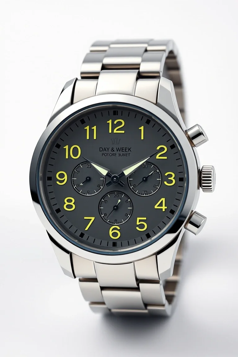 Arabic Numerals, Luminous Hands, Date & Day Of Week At 3 o'clock, 3 Hands Quartz Japanese Movement, Stainless Steel Bezel