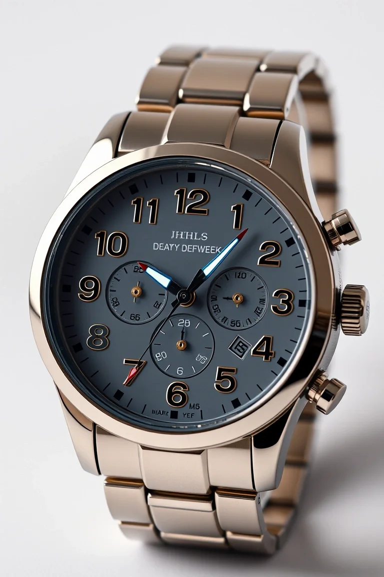 Arabic Numerals, Luminous Hands, Date & Day Of Week At 3 o'clock, 3 Hands Quartz Japanese Movement, Stainless Steel Bezel