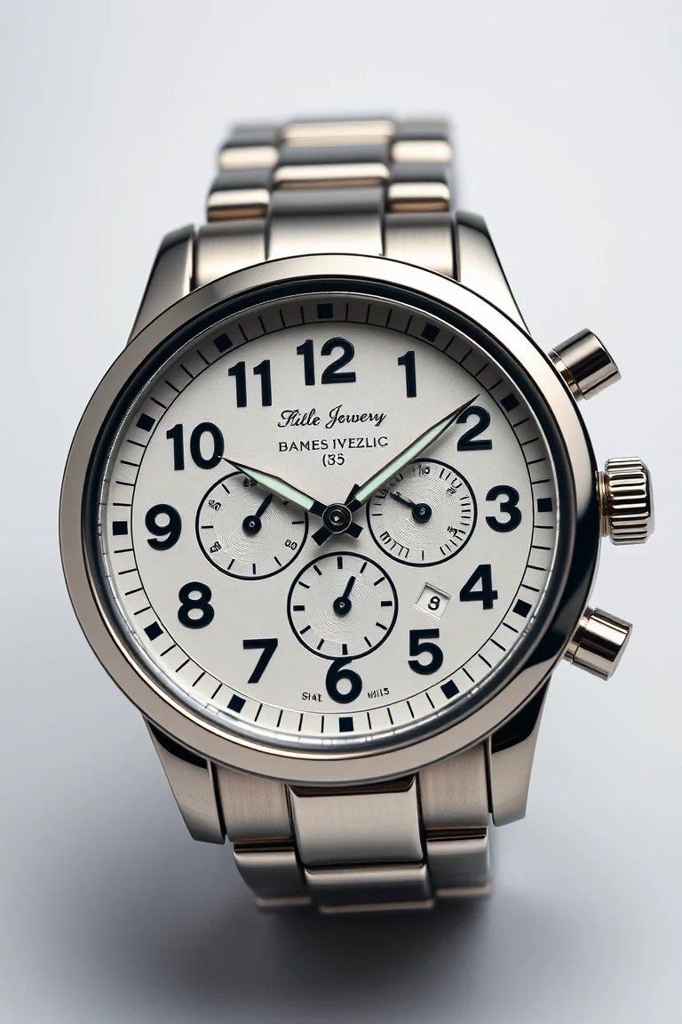 Arabic Numerals, Luminous Hands, Date & Day Of Week At 3 o'clock, 3 Hands Quartz Japanese Movement, Stainless Steel Bezel