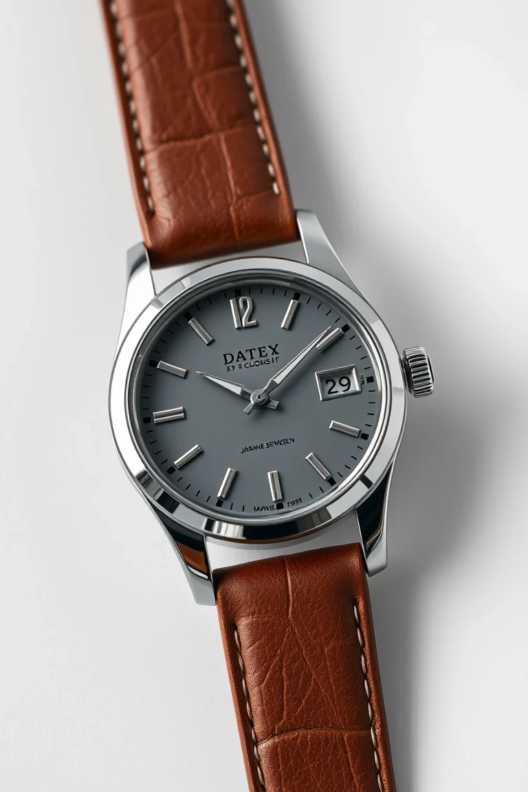Date At 6 o'clock, Stainless Steel Case, Genuine Calf Leather Strap, Japanese Movement