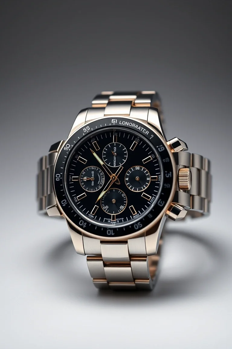 Gent's Full Chronograph Watch/Black Dial & Rotating Bezel