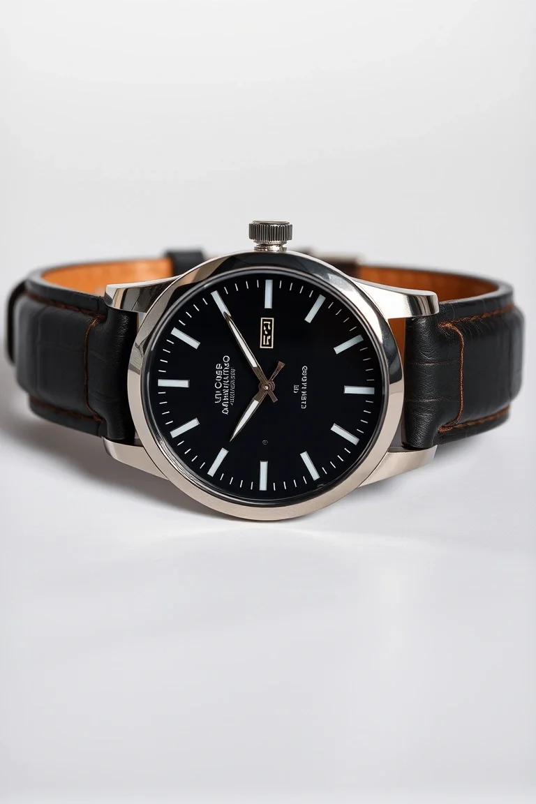 Gent's Stainless Steel Watch/Black Dial/Leather Strap