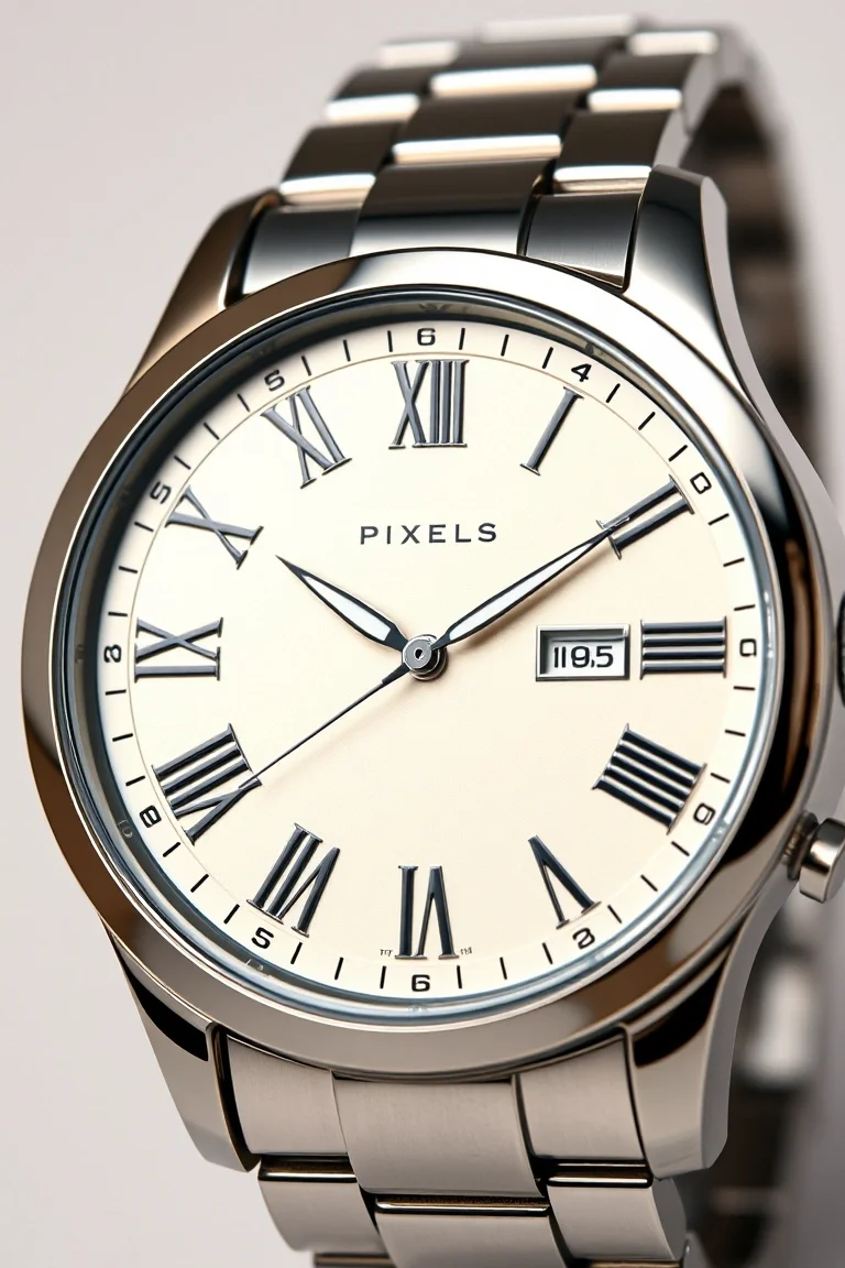 Mens Roman Numeral Polished Stainless Steel Watch by Pixels