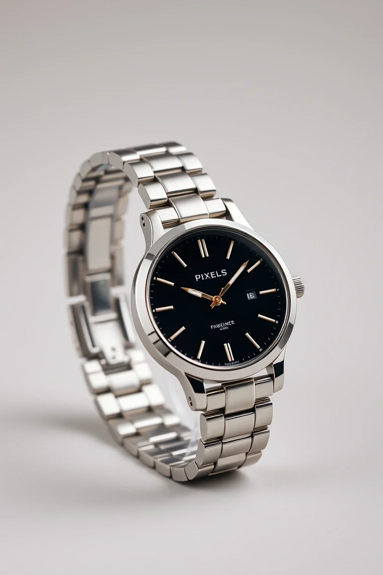 Polished Stainless Steel Black Dial Bangle Watch by Pixels