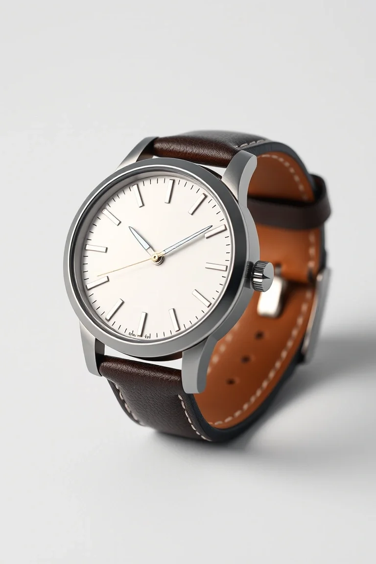 Solid Stainless Brush Steel Case, Leather Band, Shinny Index On White Dial
