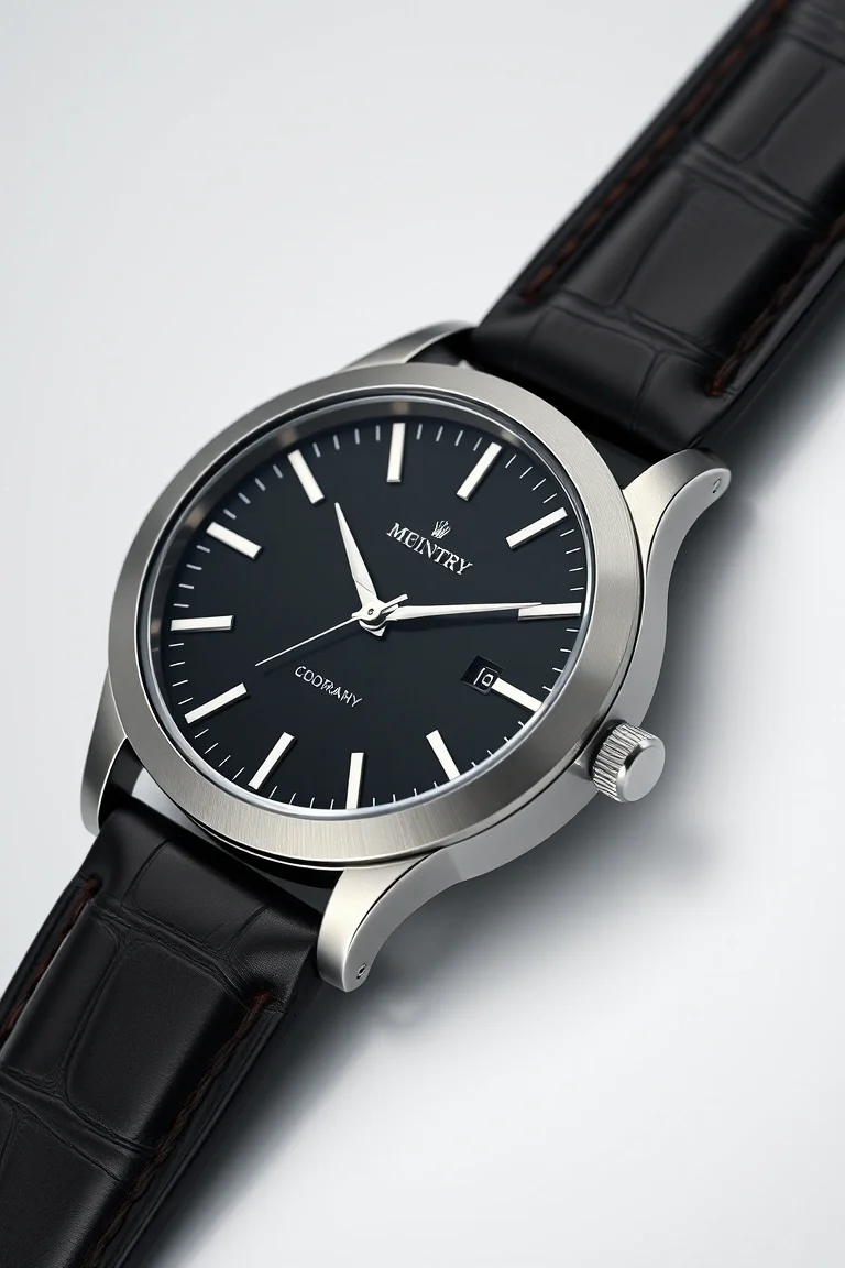 Solid Stainless Steel Brush Steel Case, Leather Band, Black Enamel Dial