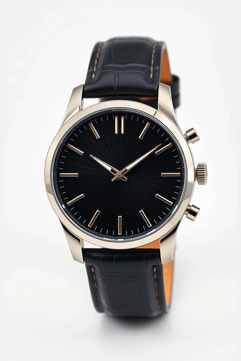 Solid Stainless Steel, Leather Band, Black Shinny Index On Matte Black Dial