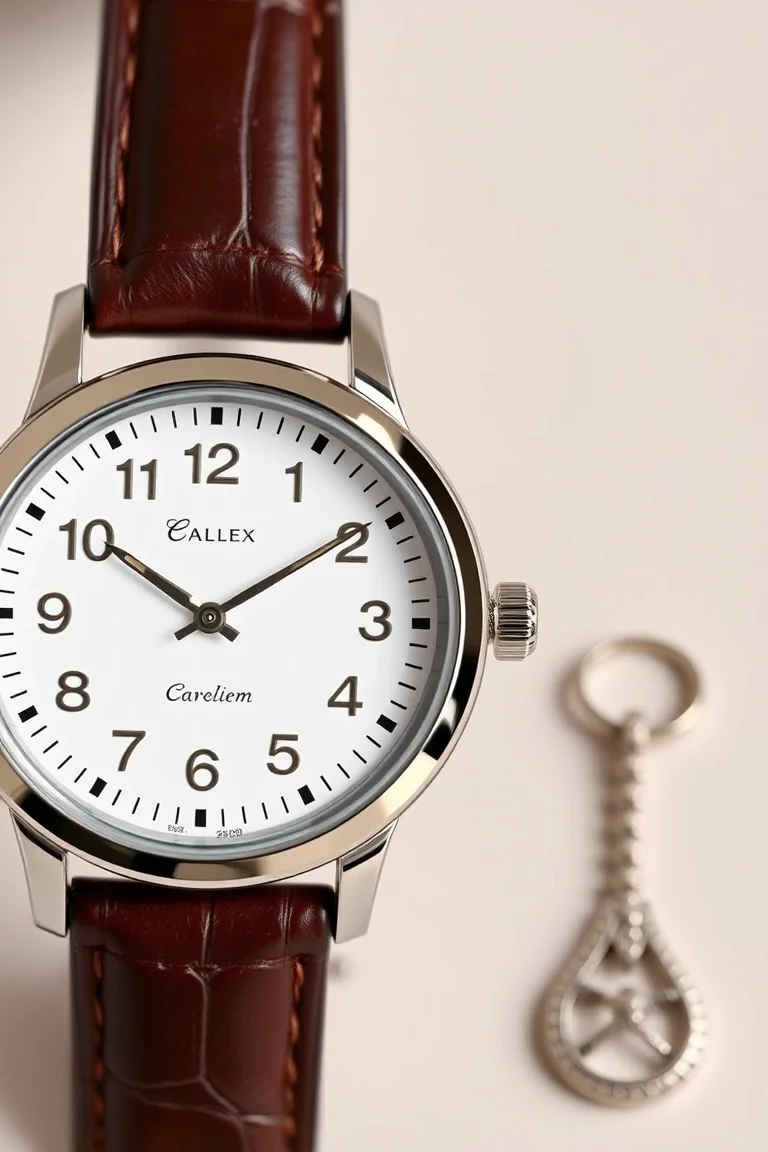 Solid Stainless Steel, Leather Band, Classic Silver Alpha Numbers, White Dial