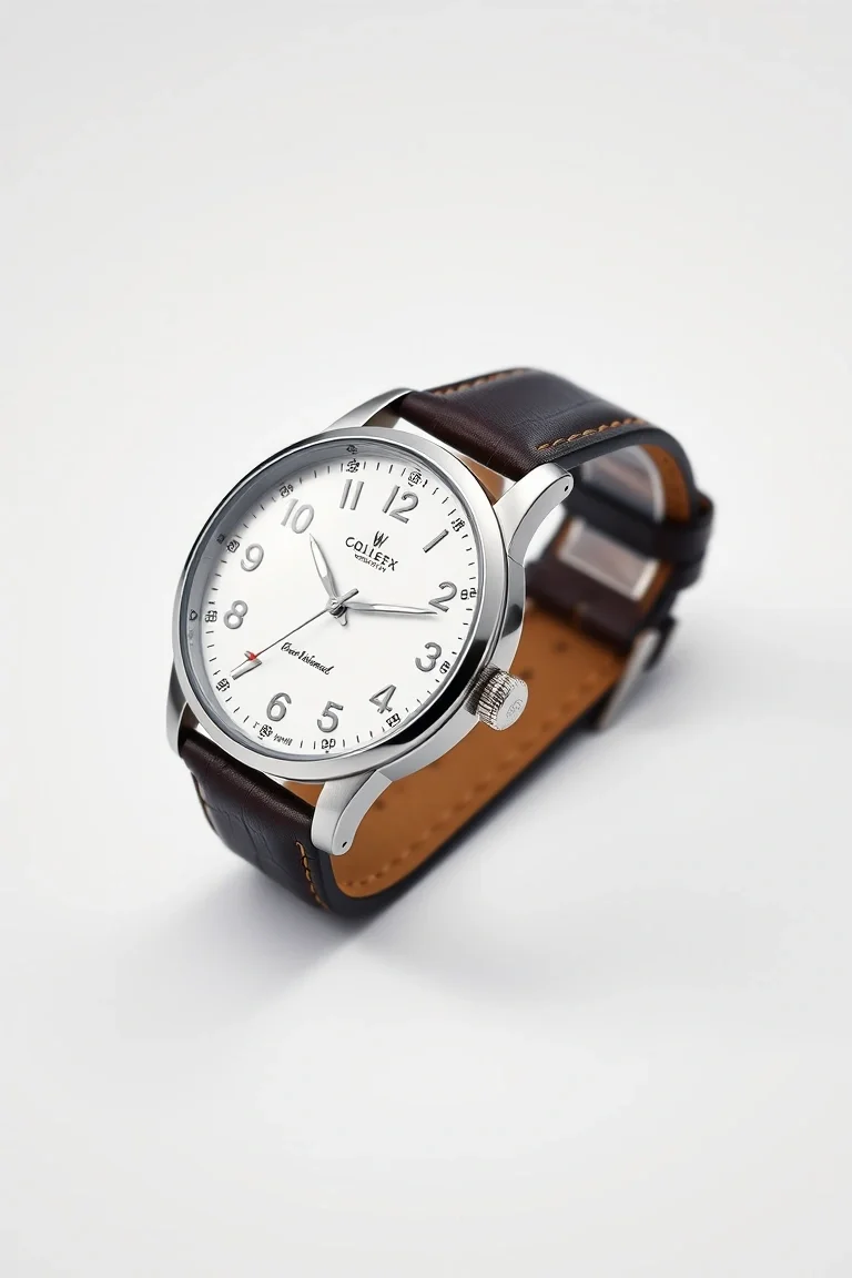 Solid Stainless Steel, Leather Band, Classic Silver Index Numbers, White Dial