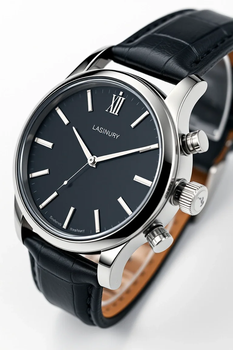 Solid Stainless Steel, Leather Band, Enamel Shinny Black Dial